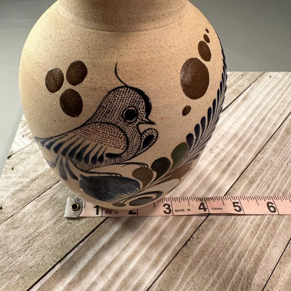 Mexican Folk Art Floral Vase Bird Sandstone Vintage Pottery Handcrafted Painted